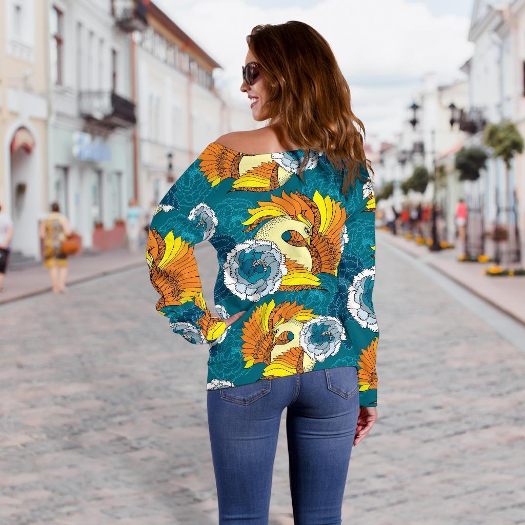 Phoenix Pattern Print Floral Women Off Shoulder Sweatshirt-grizzshop
