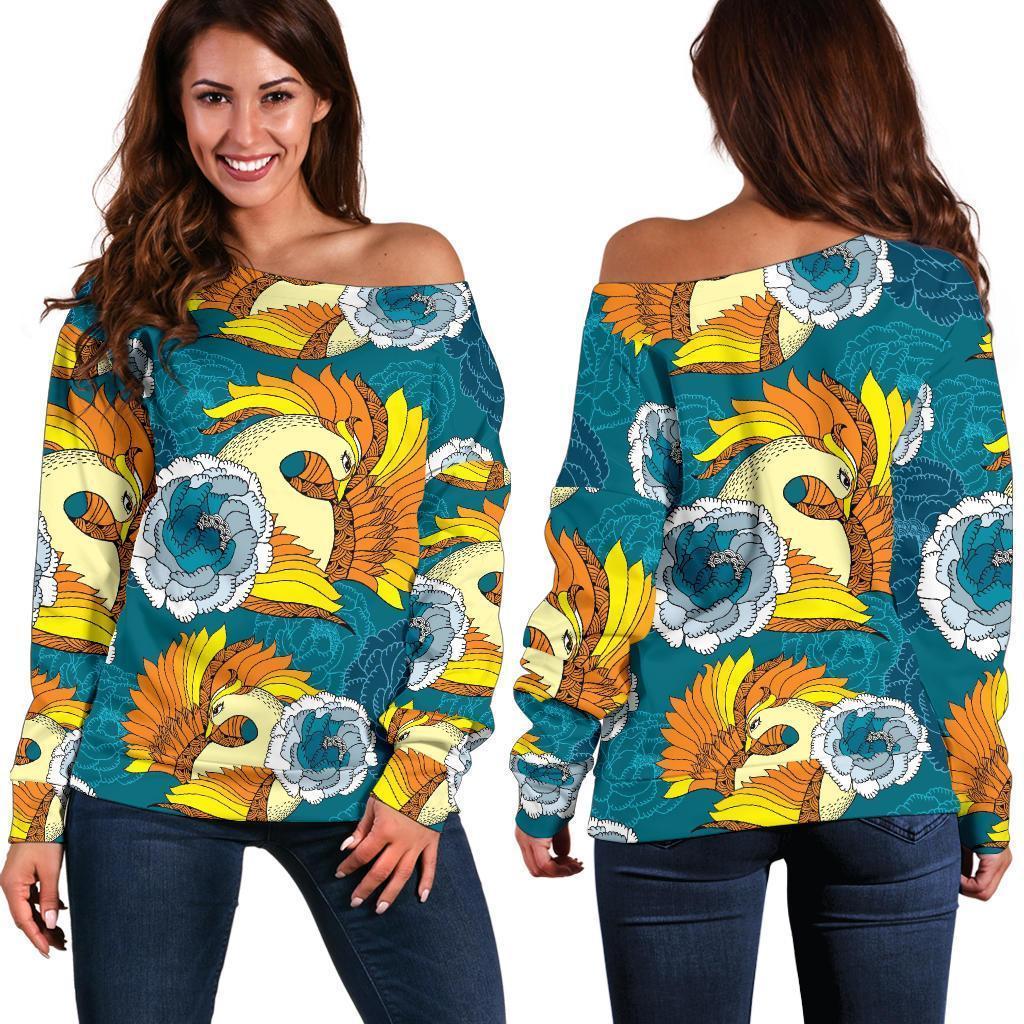Phoenix Pattern Print Floral Women Off Shoulder Sweatshirt-grizzshop