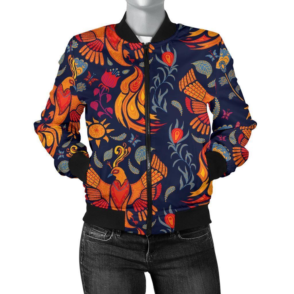 Phoenix Pattern Print Women Casual Bomber Jacket-grizzshop