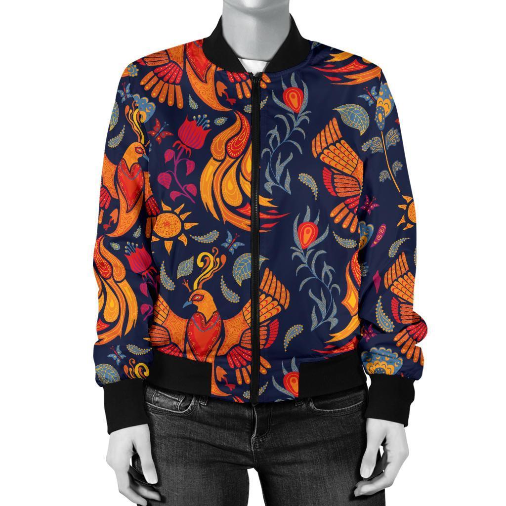 Phoenix Pattern Print Women Casual Bomber Jacket-grizzshop