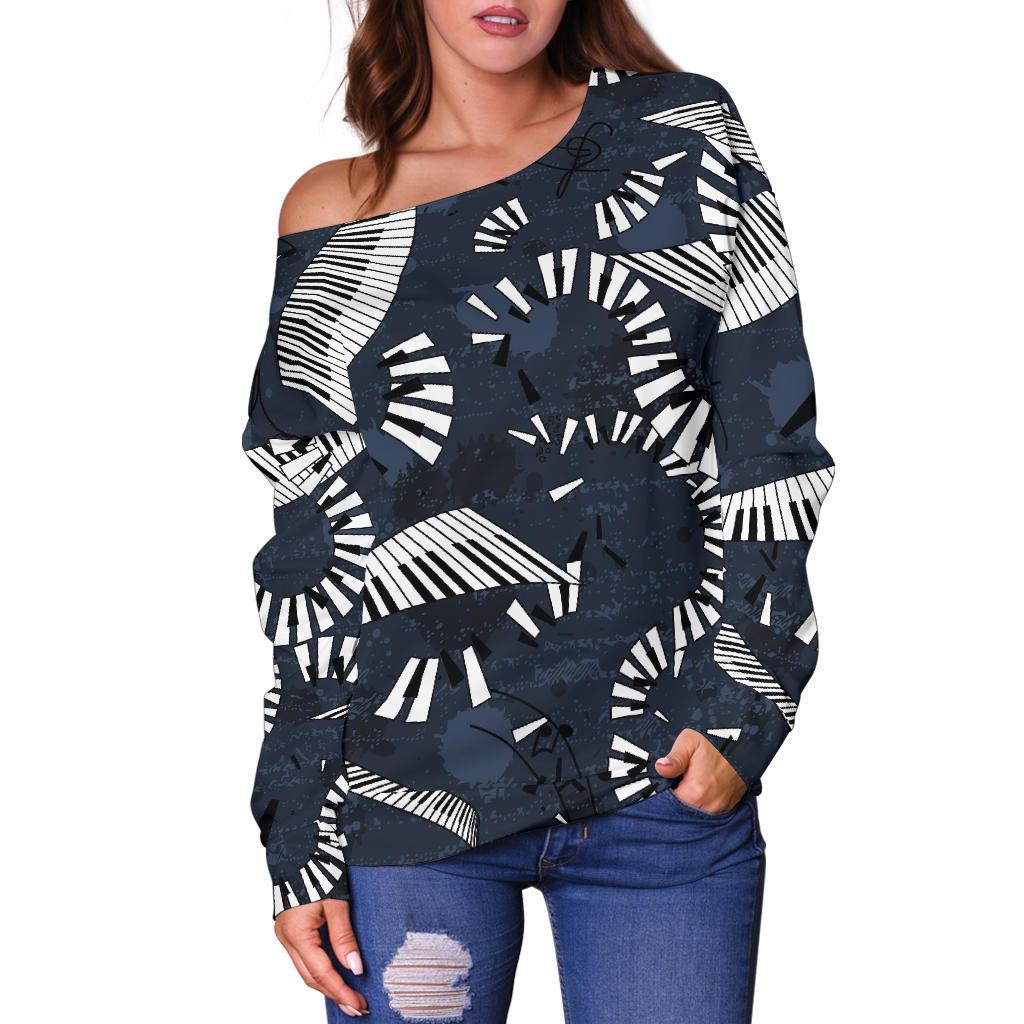 Piano Black Pattern Print Women Off Shoulder Sweatshirt-grizzshop