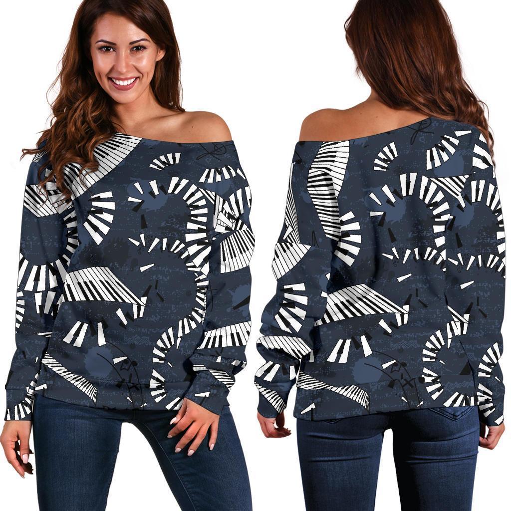 Piano Black Pattern Print Women Off Shoulder Sweatshirt-grizzshop