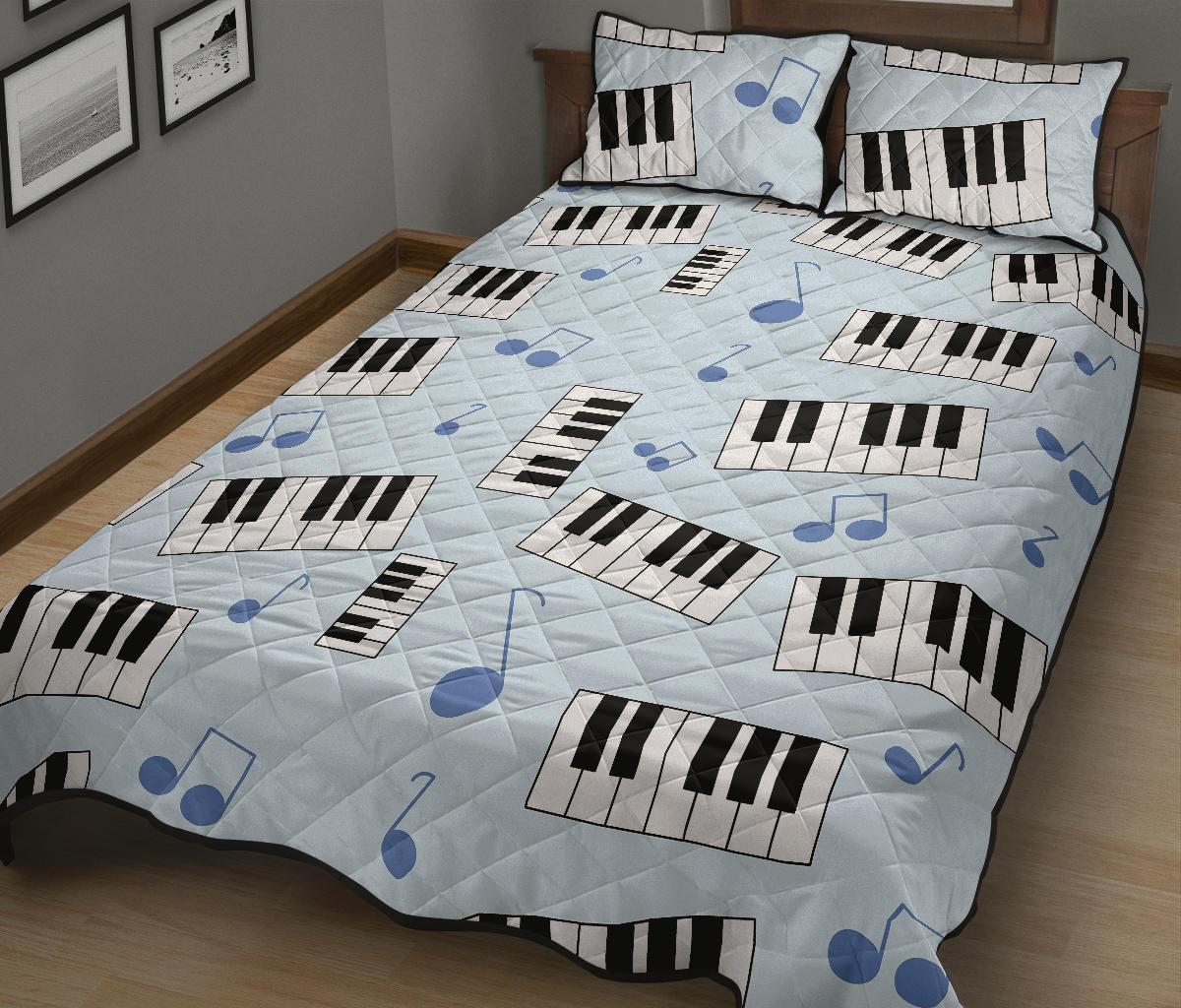 Piano Blue Pattern Print Bed Set Quilt-grizzshop
