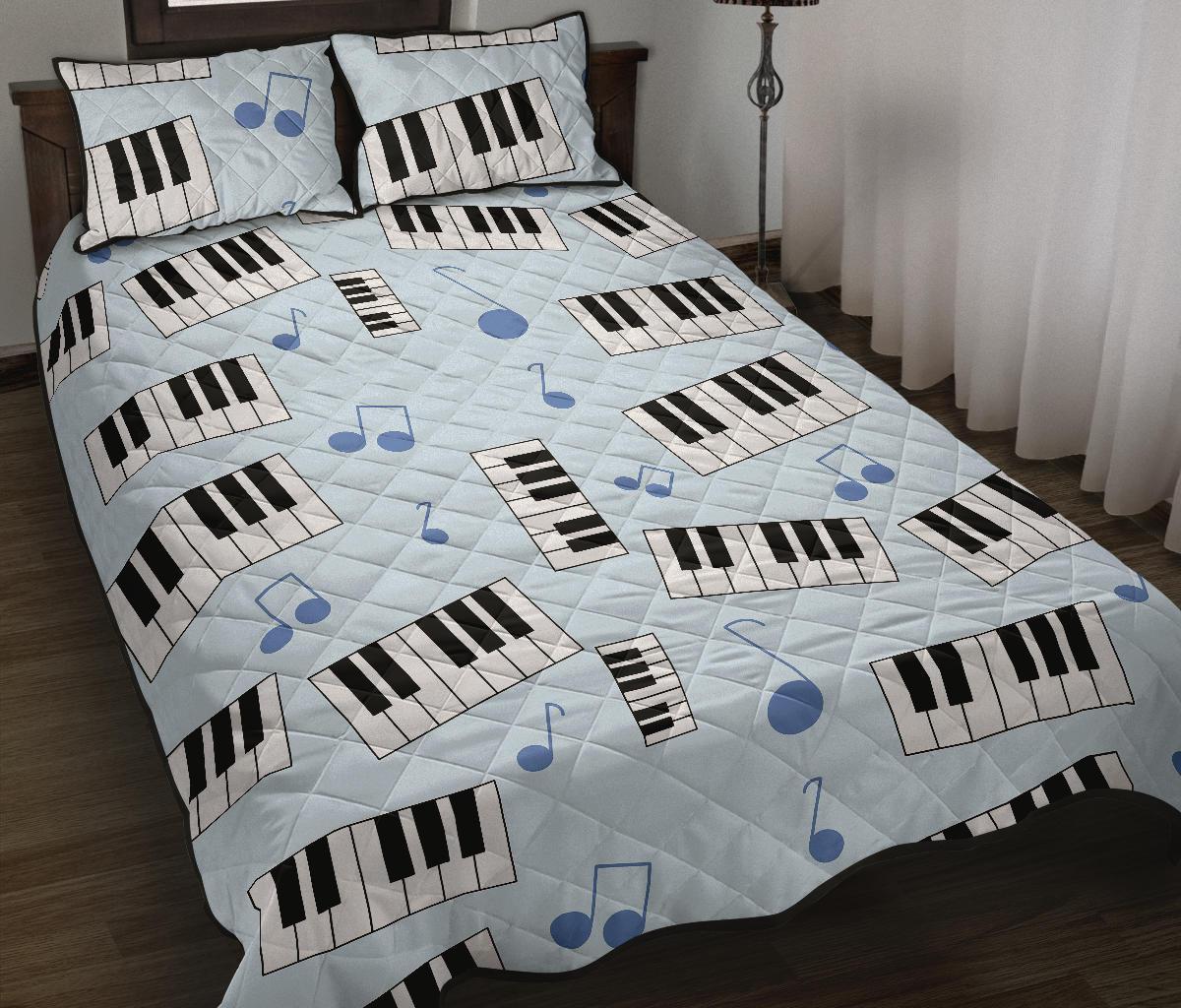 Piano Blue Pattern Print Bed Set Quilt-grizzshop