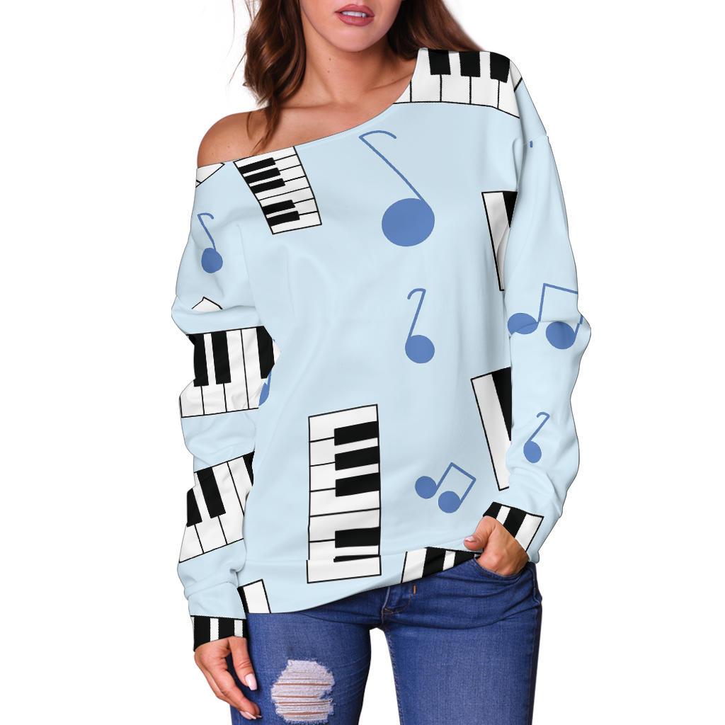 Piano Blue Pattern Print Women Off Shoulder Sweatshirt-grizzshop