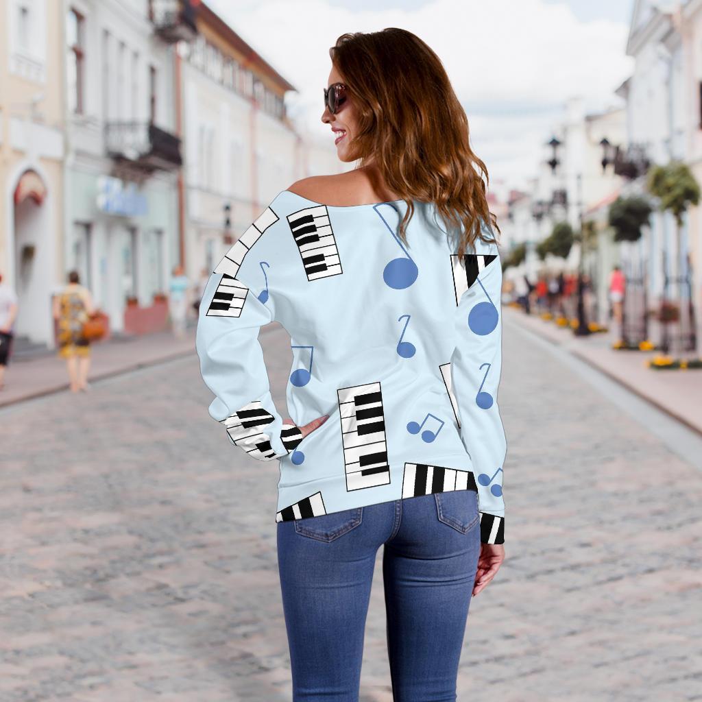 Piano Blue Pattern Print Women Off Shoulder Sweatshirt-grizzshop