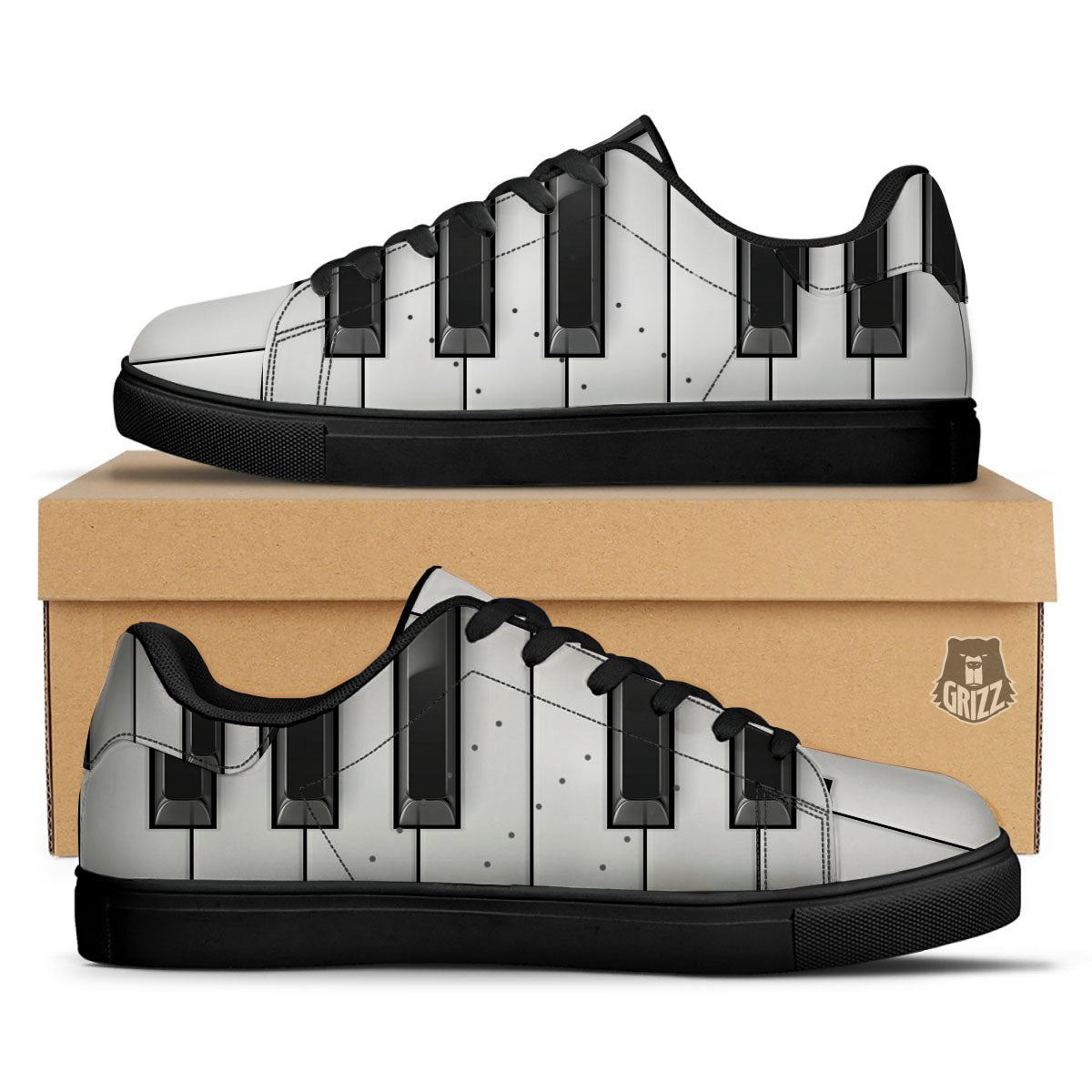 Piano Keyboard Print Black Low Top Sneakers-grizzshop