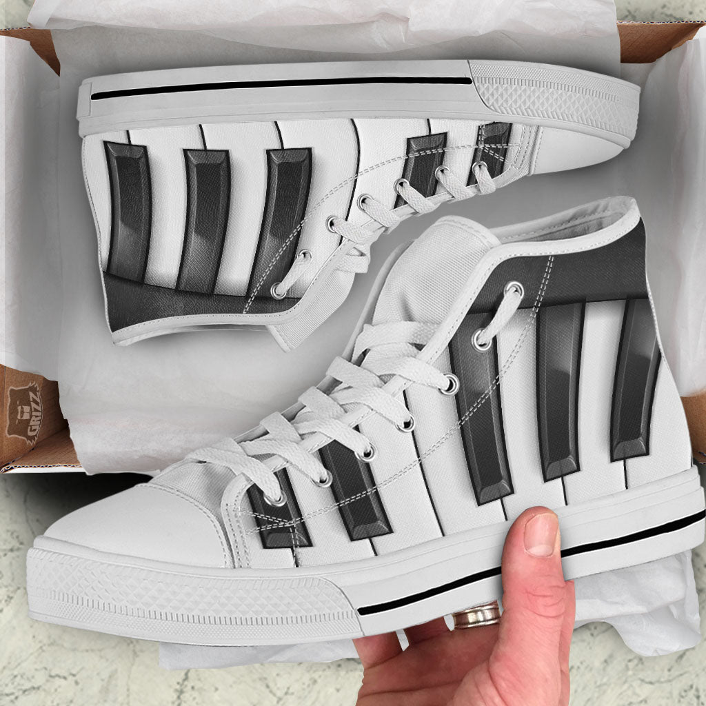 Piano Keyboard White And Black Print White High Top Shoes-grizzshop