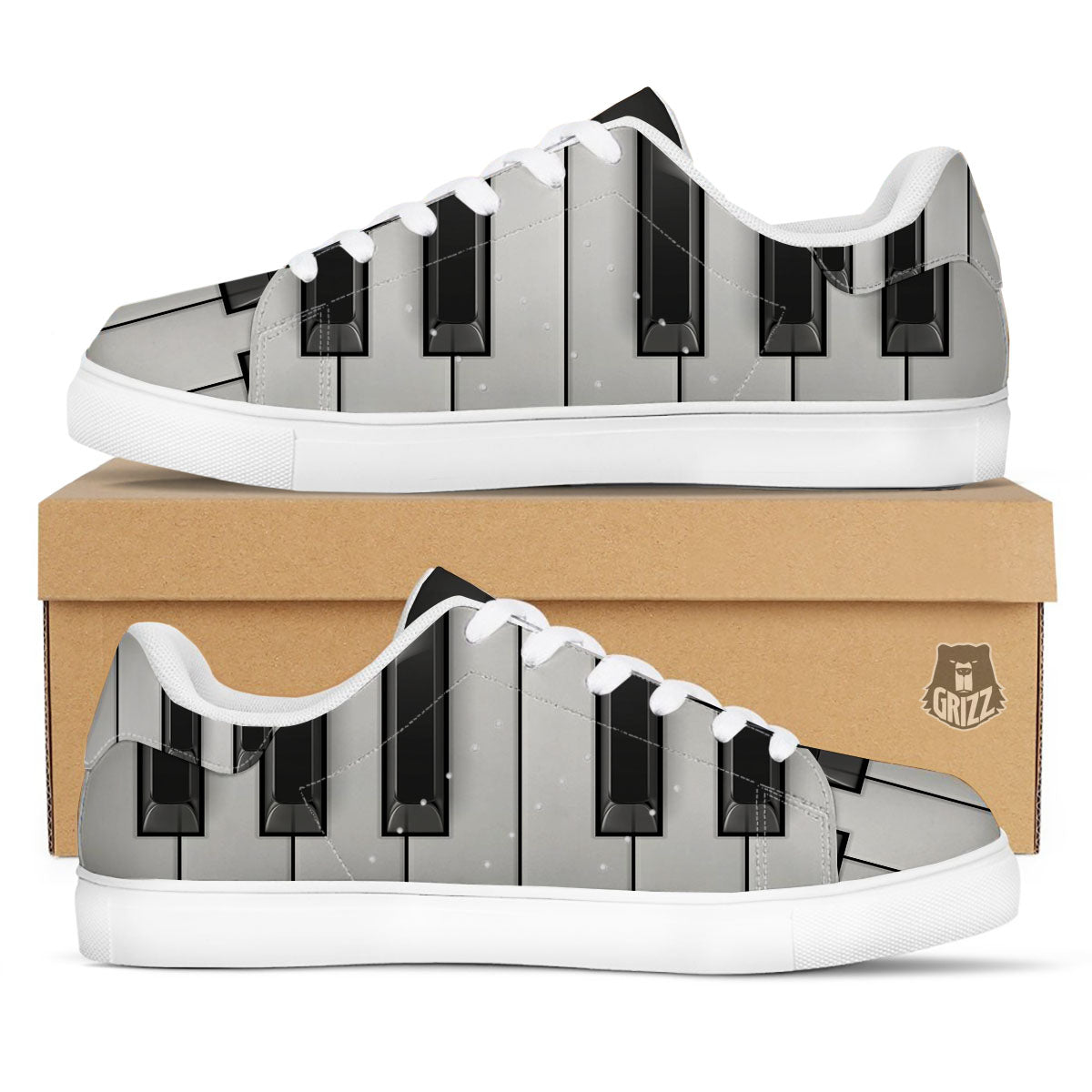 Piano Keyboard White And Black Print White Low Top Sneakers-grizzshop