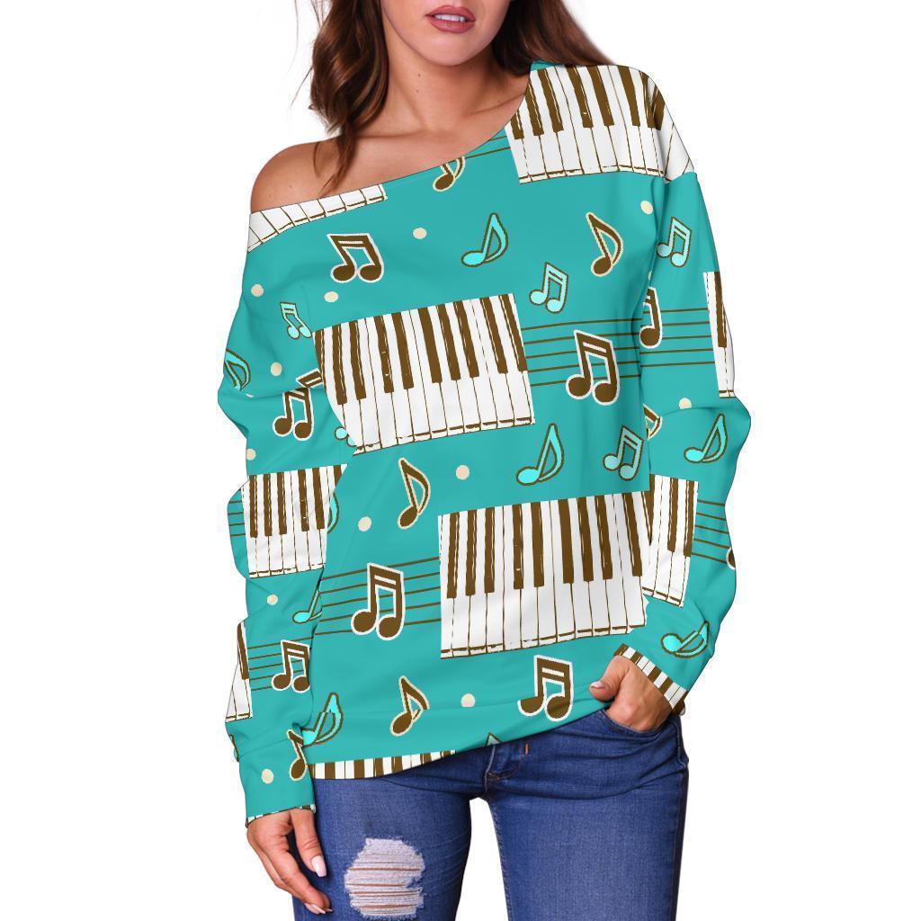 Piano Pattern Print Women Off Shoulder Sweatshirt-grizzshop