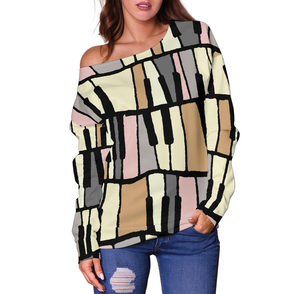 Piano Print Pattern Women Off Shoulder Sweatshirt-grizzshop