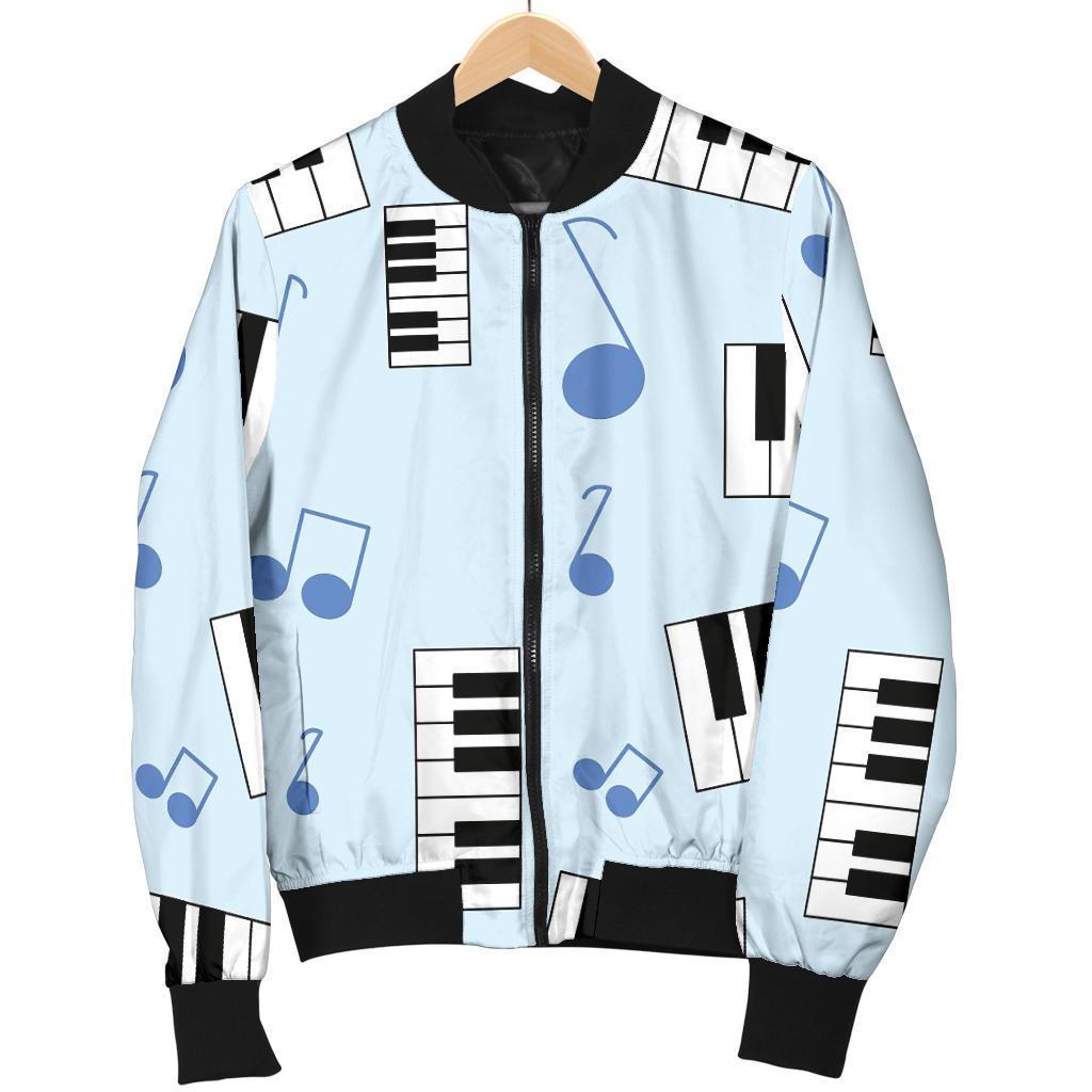 Piano Blue Pattern Print Women Casual Bomber Jacket-grizzshop
