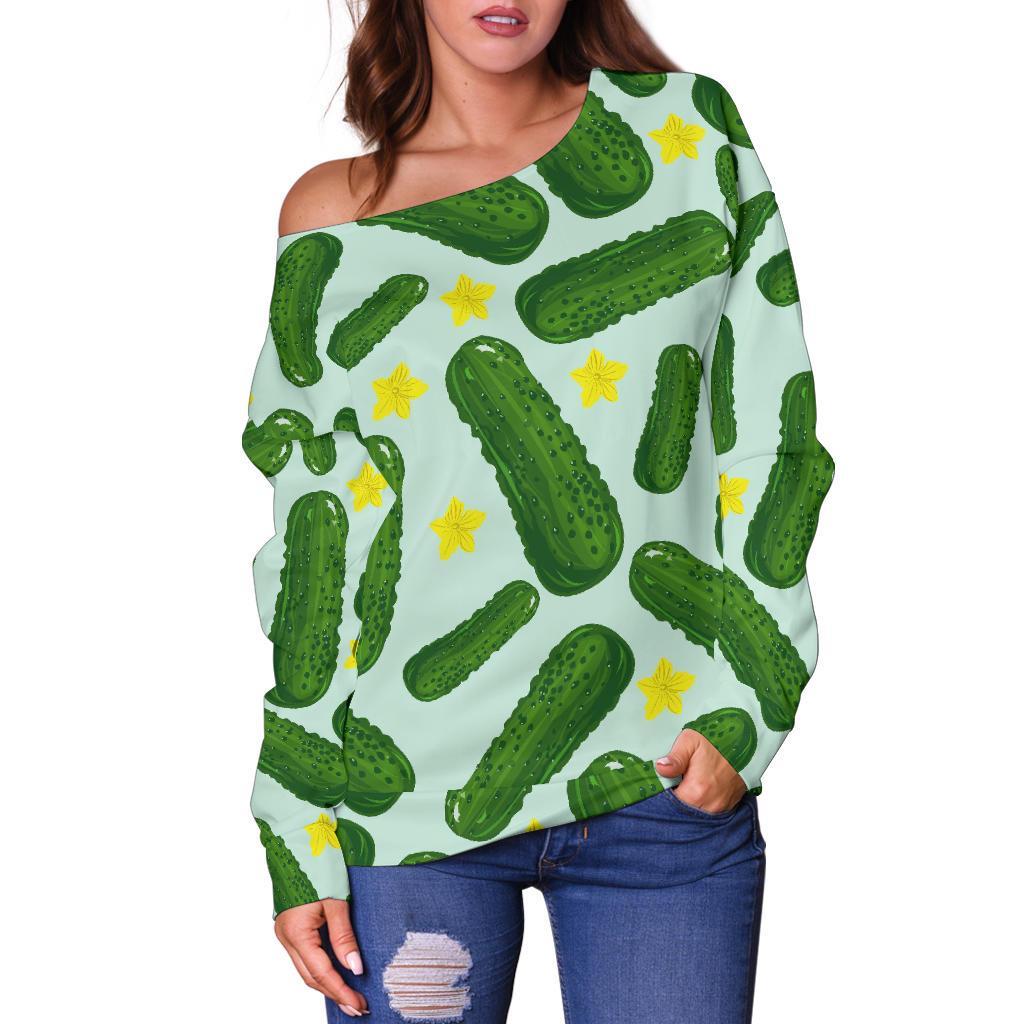Pickle Cucumber Pattern Print Women Off Shoulder Sweatshirt-grizzshop