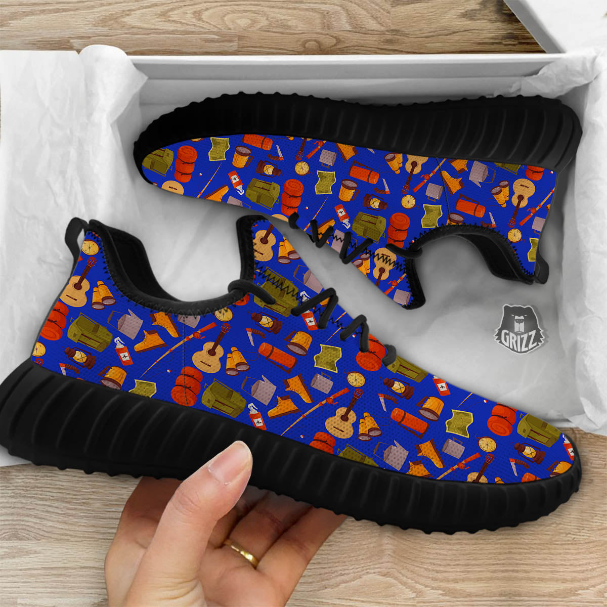 Picnic Camping Print Pattern Black Walking Shoes-grizzshop