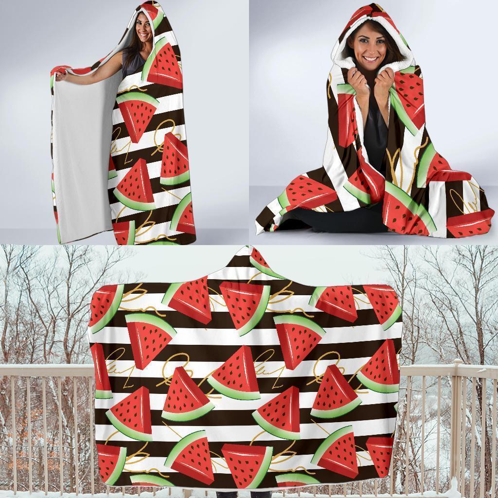 Piece Watermelon Stripe Black Pattern Print Hooded Blanket-grizzshop