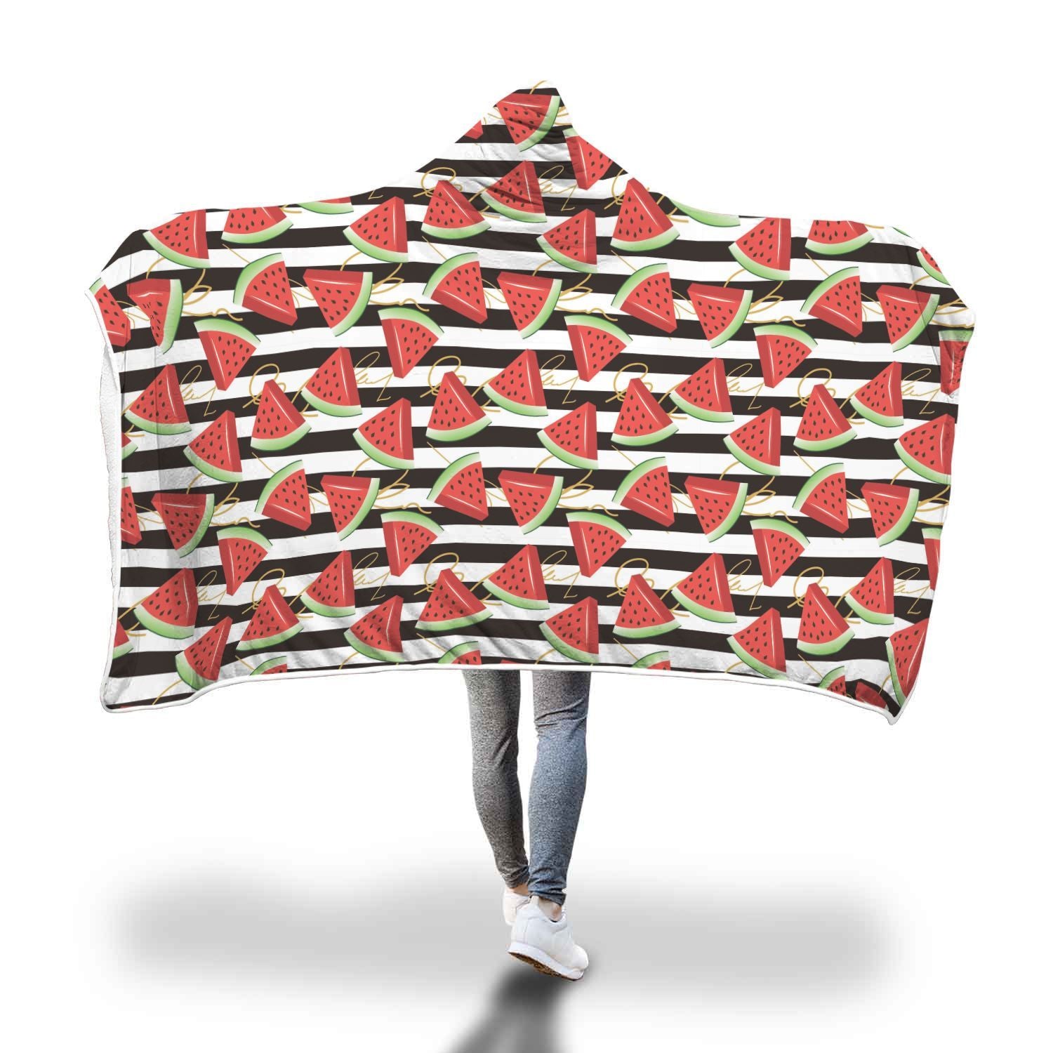Piece Watermelon Stripe Black Pattern Print Hooded Blanket-grizzshop