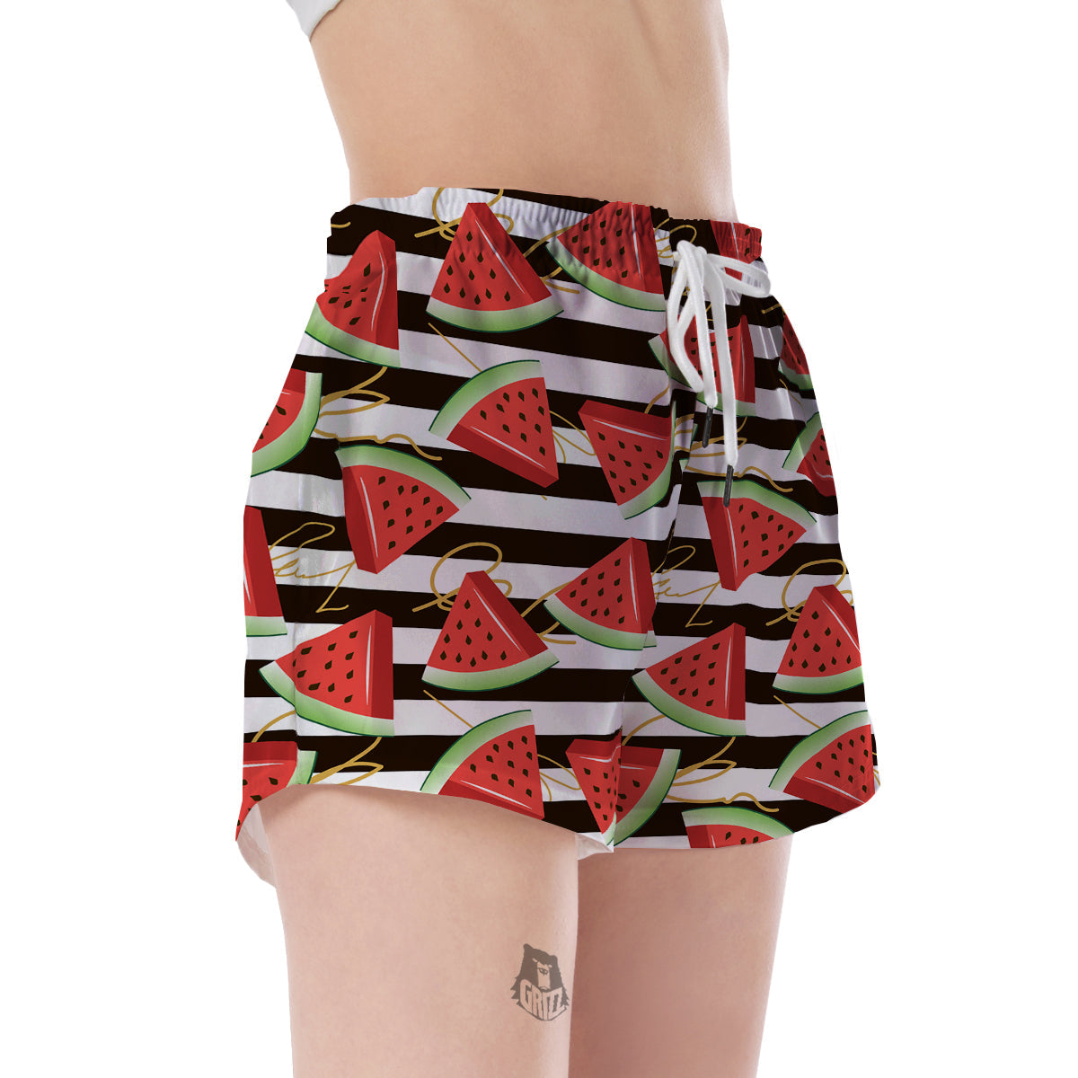 Piece Watermelon Stripe Black Pattern Print Women's Shorts-grizzshop