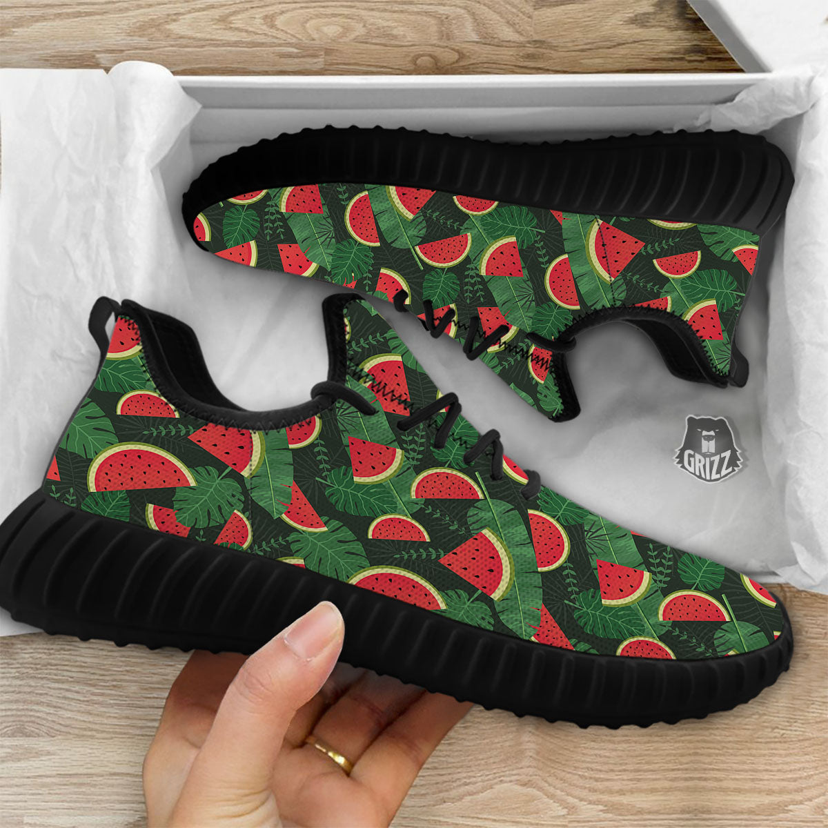 Pieces Leaf Watermelon Print Pattern Black Walking Shoes-grizzshop