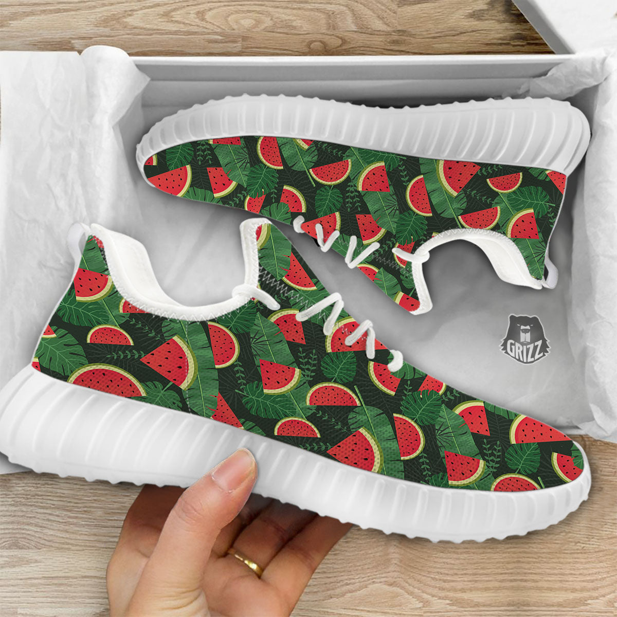 Pieces Leaf Watermelon Print Pattern White Walking Shoes-grizzshop