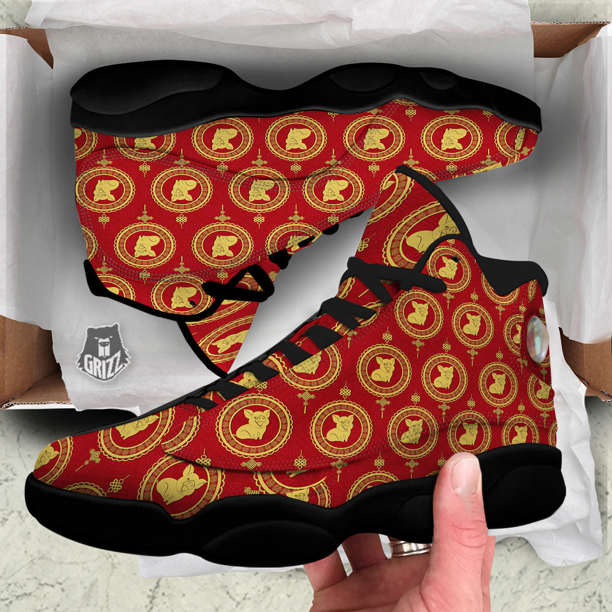 Pig And Chinese New Year Print Pattern Black Basketball Shoes-grizzshop