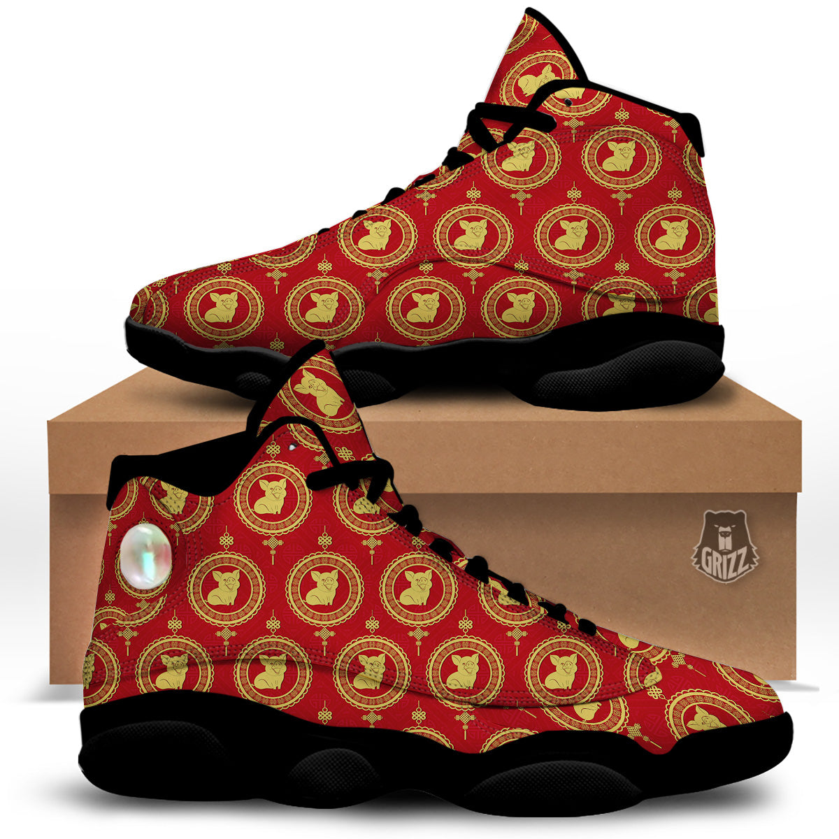 Pig And Chinese New Year Print Pattern Black Basketball Shoes-grizzshop