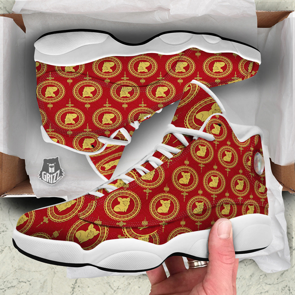 Pig And Chinese New Year Print Pattern White Basketball Shoes-grizzshop
