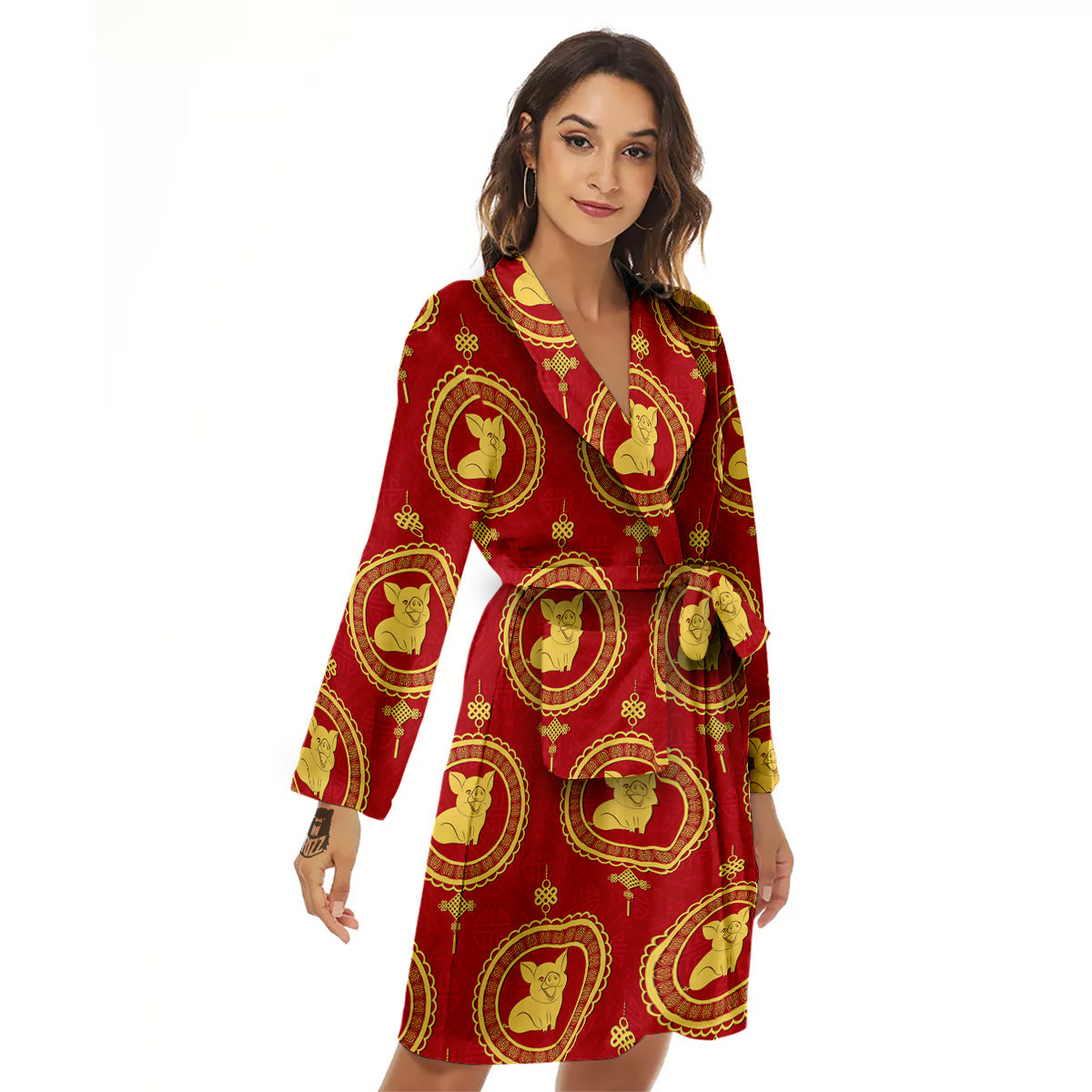 Pig And Chinese New Year Print Pattern Women's Robe-grizzshop