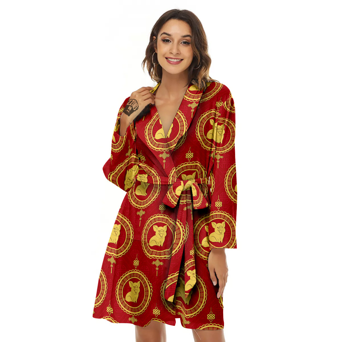 Pig And Chinese New Year Print Pattern Women's Robe-grizzshop