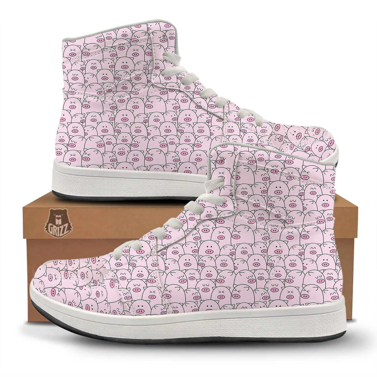 Pig Cute Pink Print Pattern High Top Sneakers-grizzshop