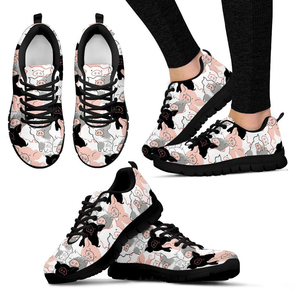 Pig Hand Drawn Pattern Print Black Sneaker Shoes For Men Women-grizzshop