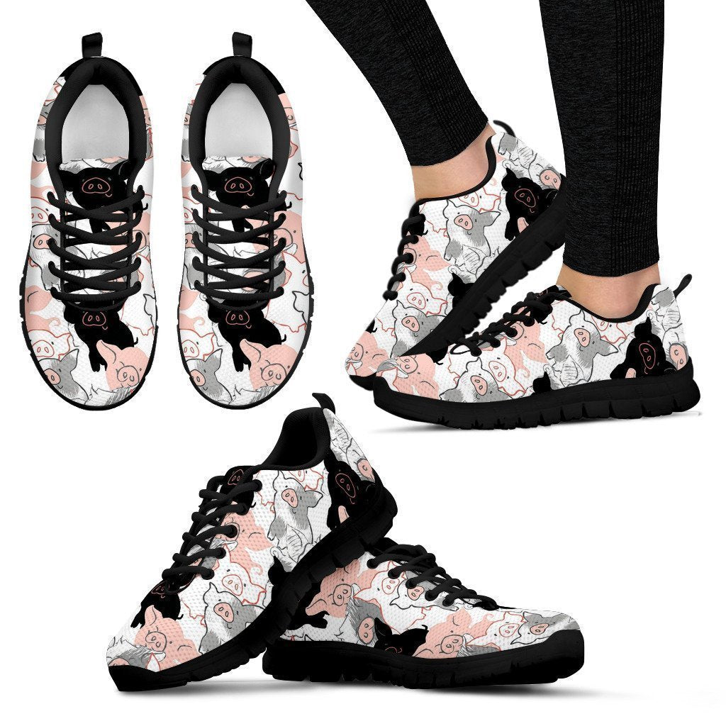 Pig Hand Drawn Pattern Print Black Sneaker Shoes For Men Women-grizzshop