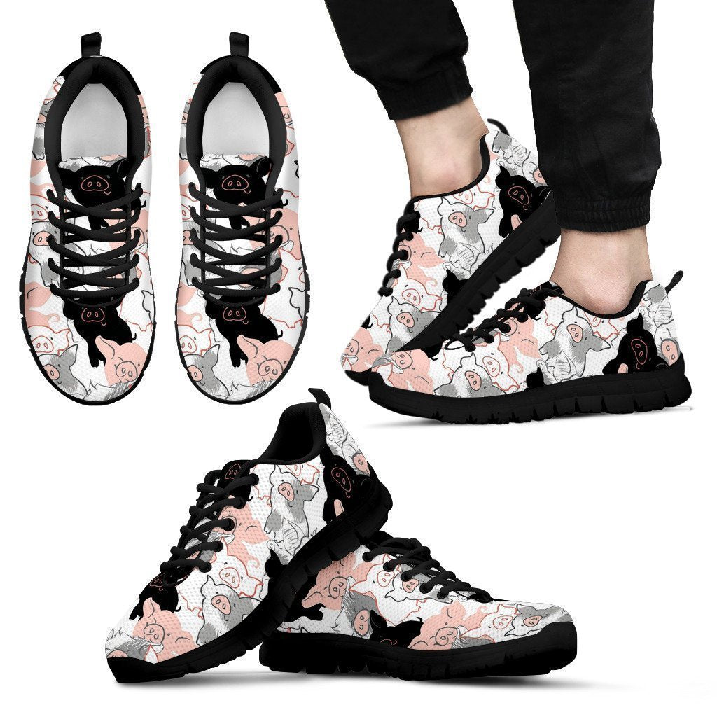 Pig Hand Drawn Pattern Print Black Sneaker Shoes For Men Women-grizzshop
