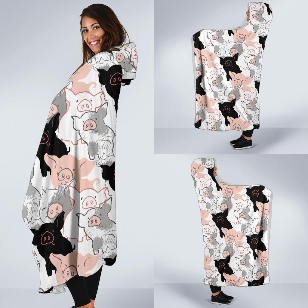 Pig Hand Drawn Pattern Print Hooded Blanket-grizzshop