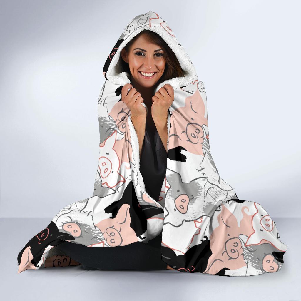 Pig Hand Drawn Pattern Print Hooded Blanket-grizzshop