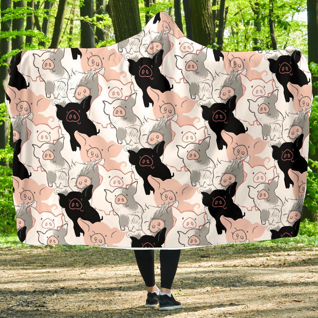 Pig Hand Drawn Pattern Print Hooded Blanket-grizzshop