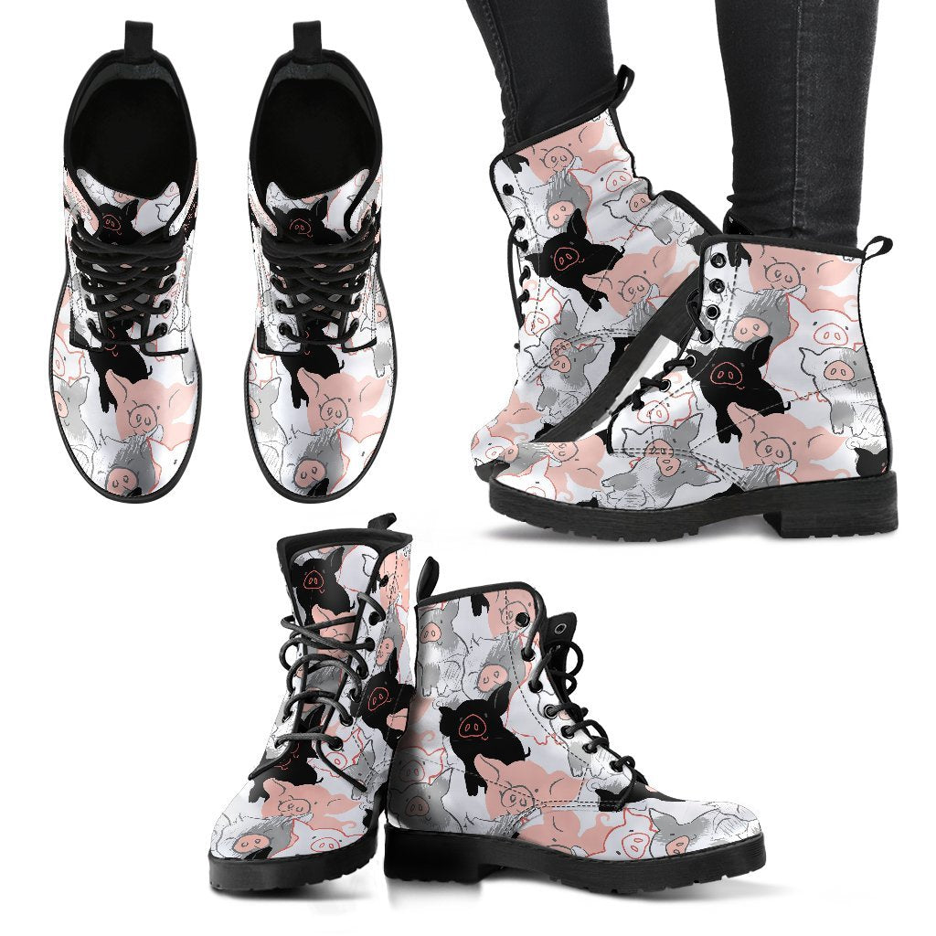 Pig Hand Drawn Pattern Print Men Women Leather Boots-grizzshop