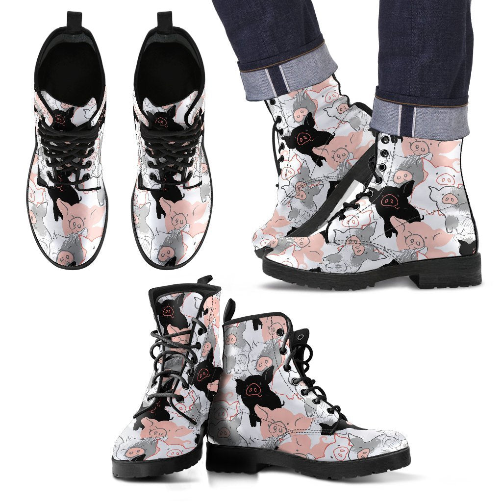 Pig Hand Drawn Pattern Print Men Women Leather Boots-grizzshop