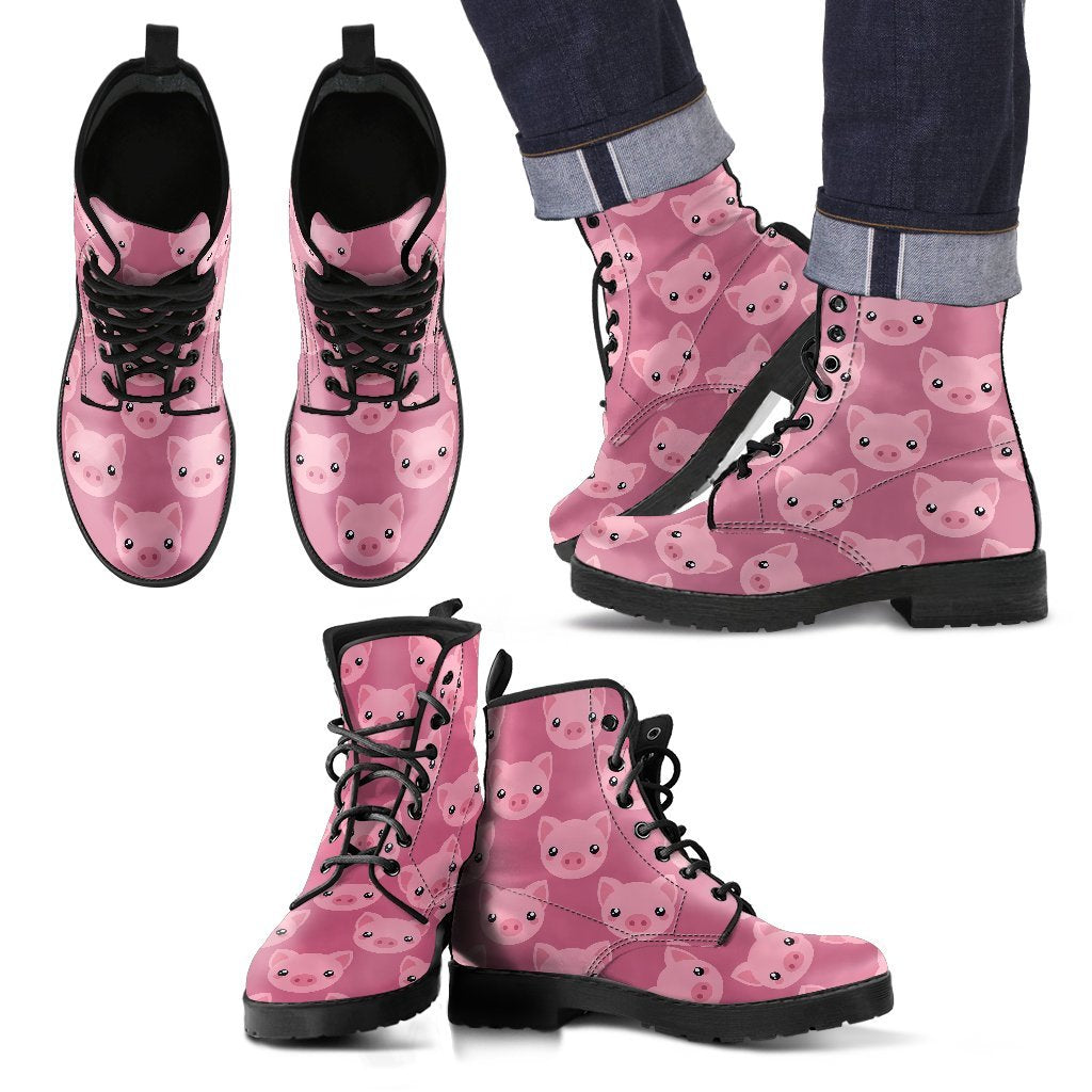 Pig Print Pattern Men Women Leather Boots-grizzshop