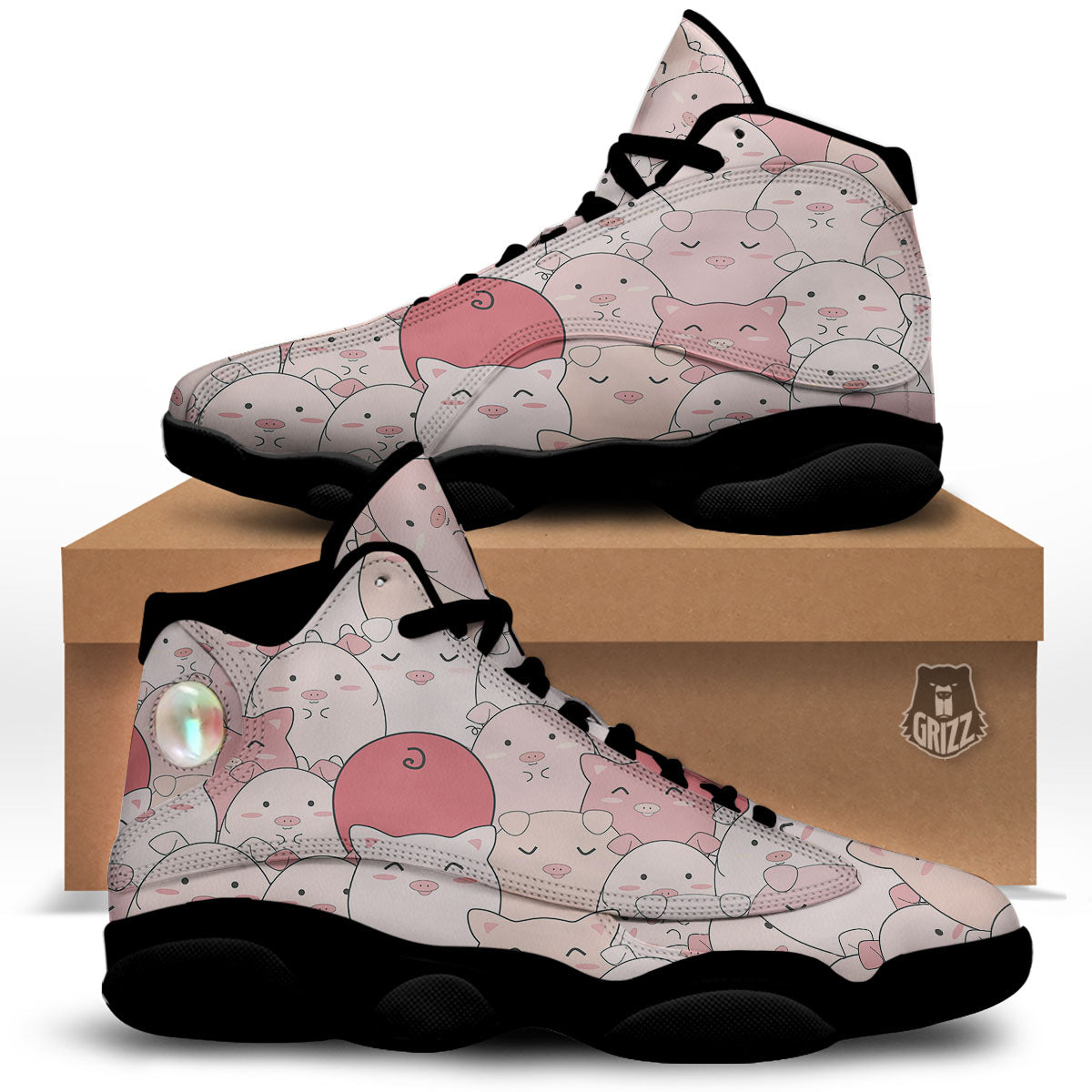 Pig Tail Pink Print Black Basketball Shoes-grizzshop