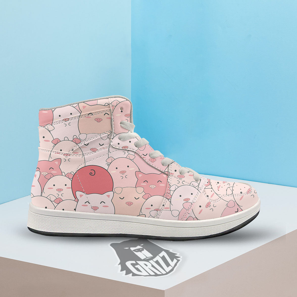 Pig Tail Pink Print High Top Sneakers-grizzshop