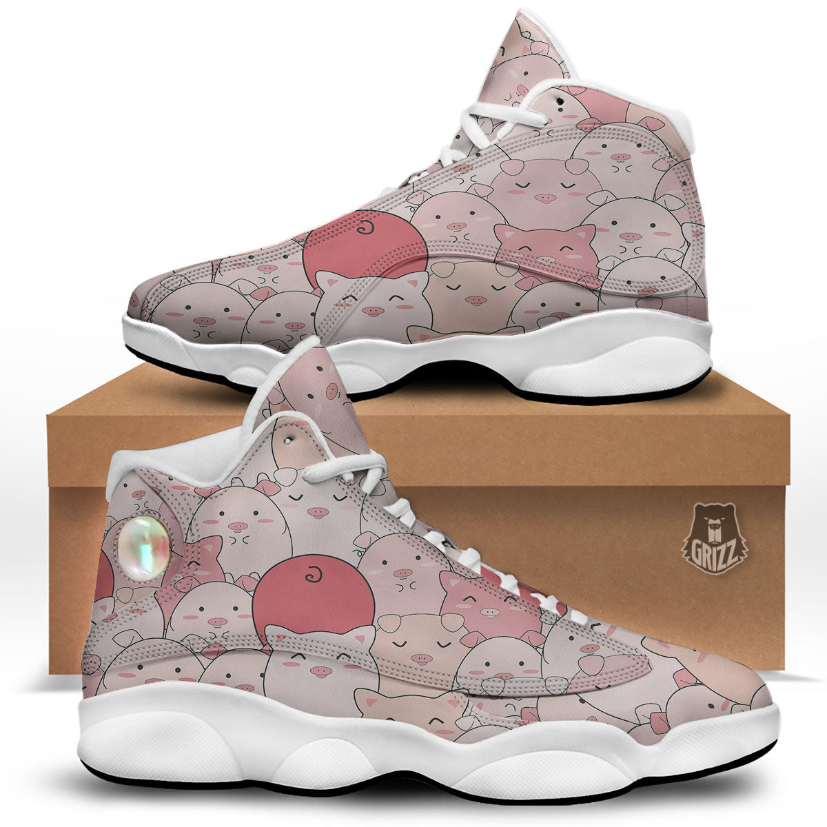 Pig Tail Pink Print White Basketball Shoes-grizzshop