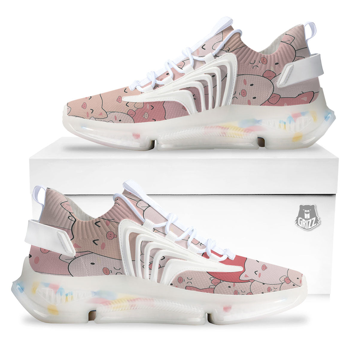 Pig Tail Pink Print White Gym Shoes-grizzshop