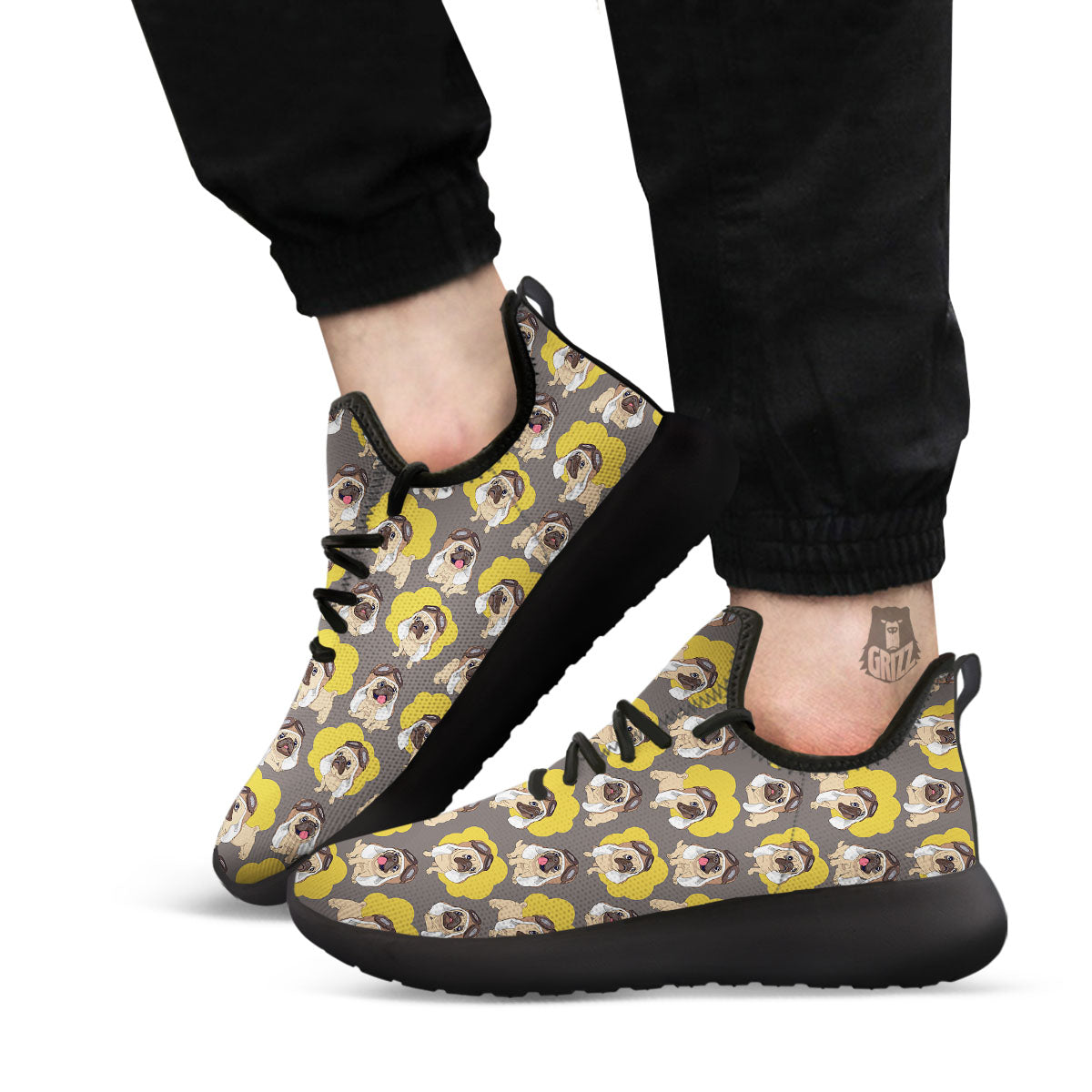 Pilot Pug Print Pattern Black Athletic Shoes-grizzshop
