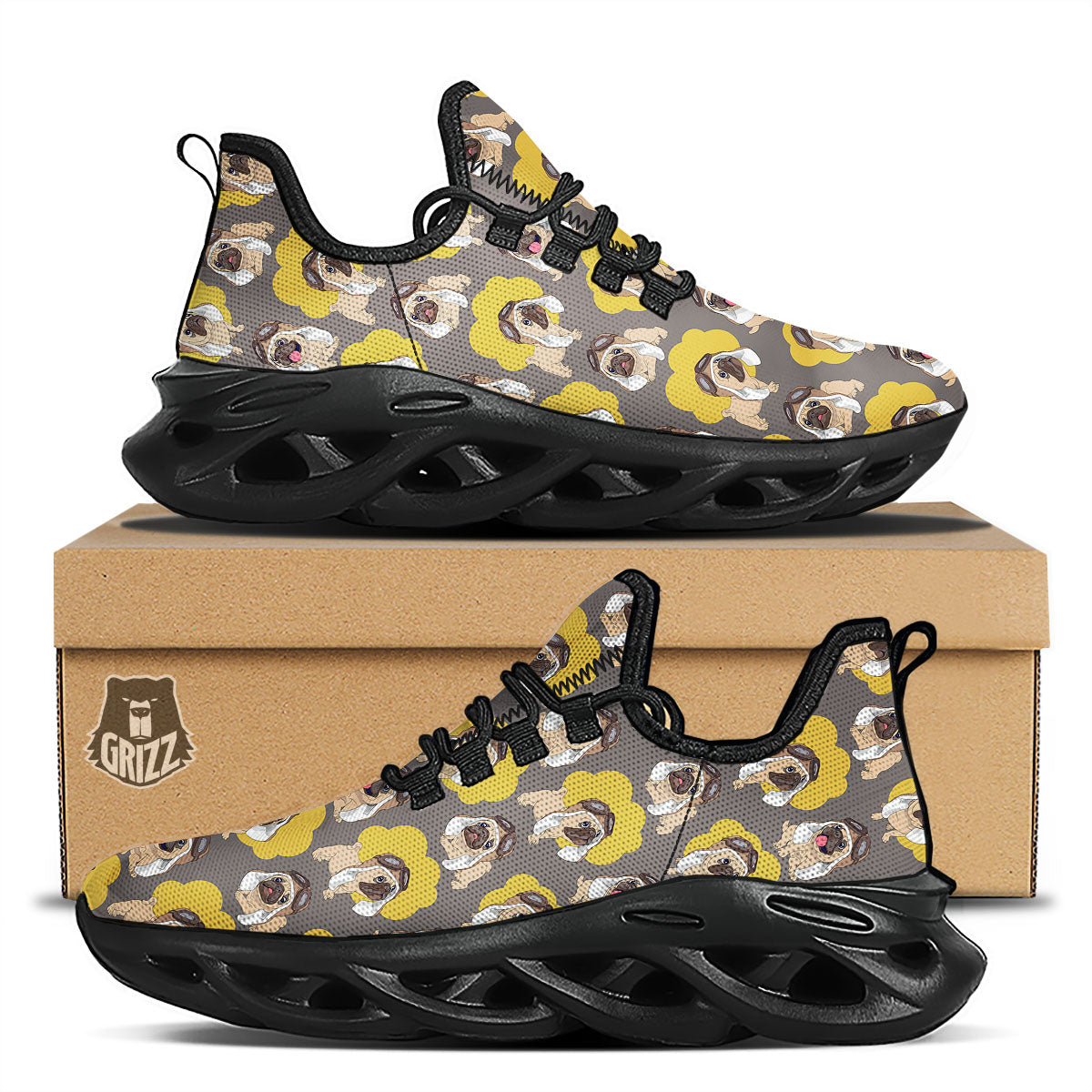 Pilot Pug Print Pattern Black Running Shoes-grizzshop