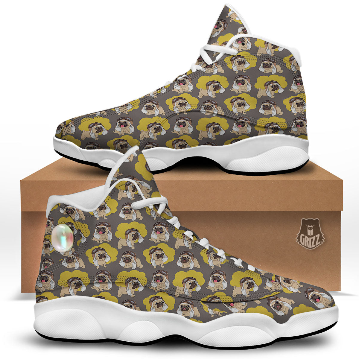 Pilot Pug Print Pattern White Basketball Shoes-grizzshop
