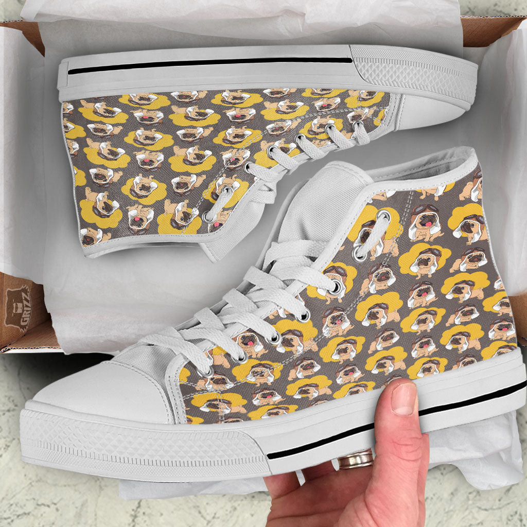 Pilot Pug Print Pattern White High Top Shoes-grizzshop