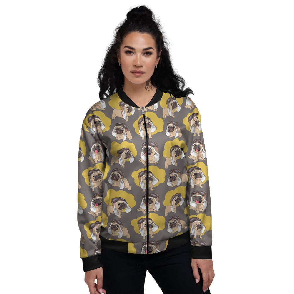 Pilot Pug Print Pattern Women's Bomber Jacket-grizzshop