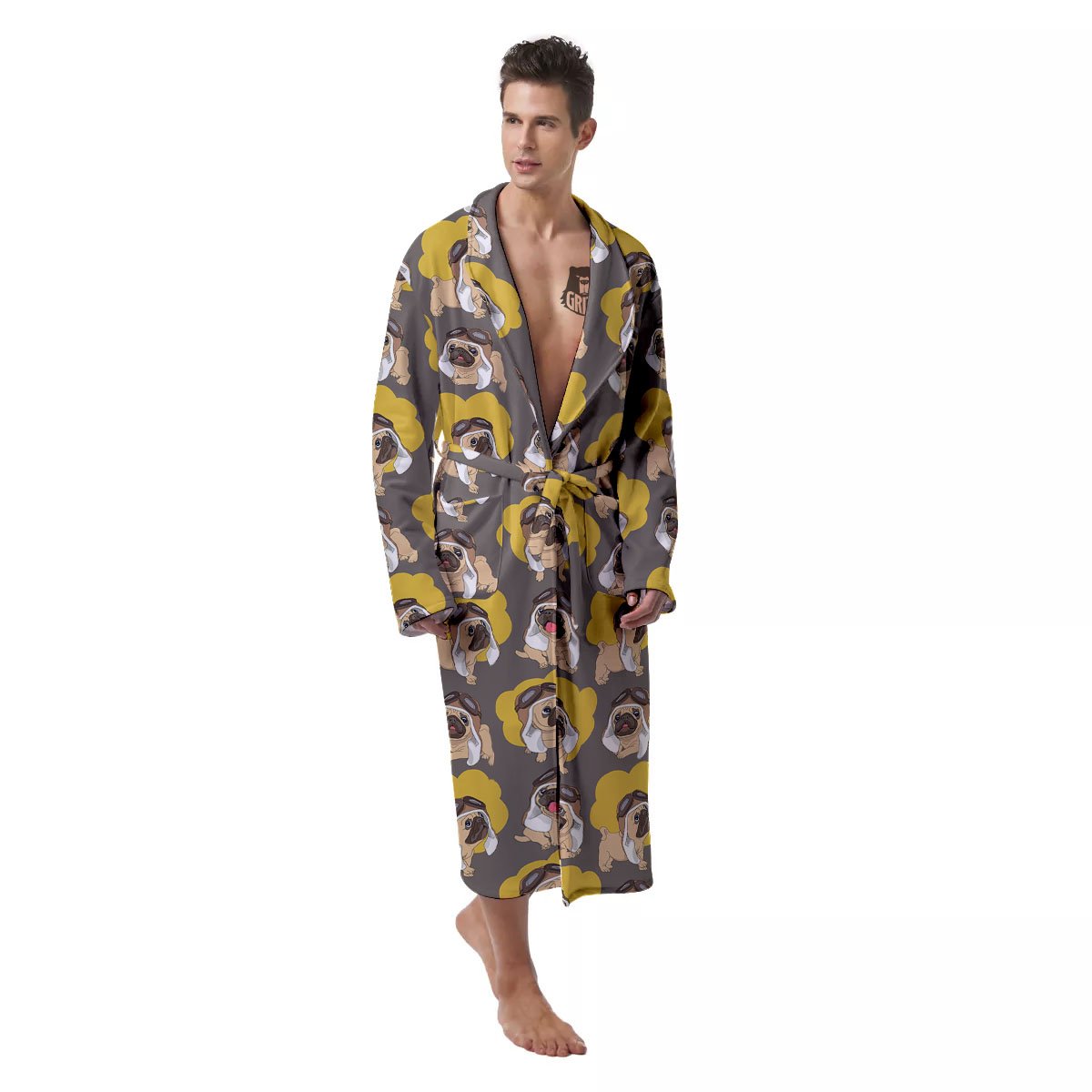 Pilot Pug Print Pattern Men's Robe-grizzshop