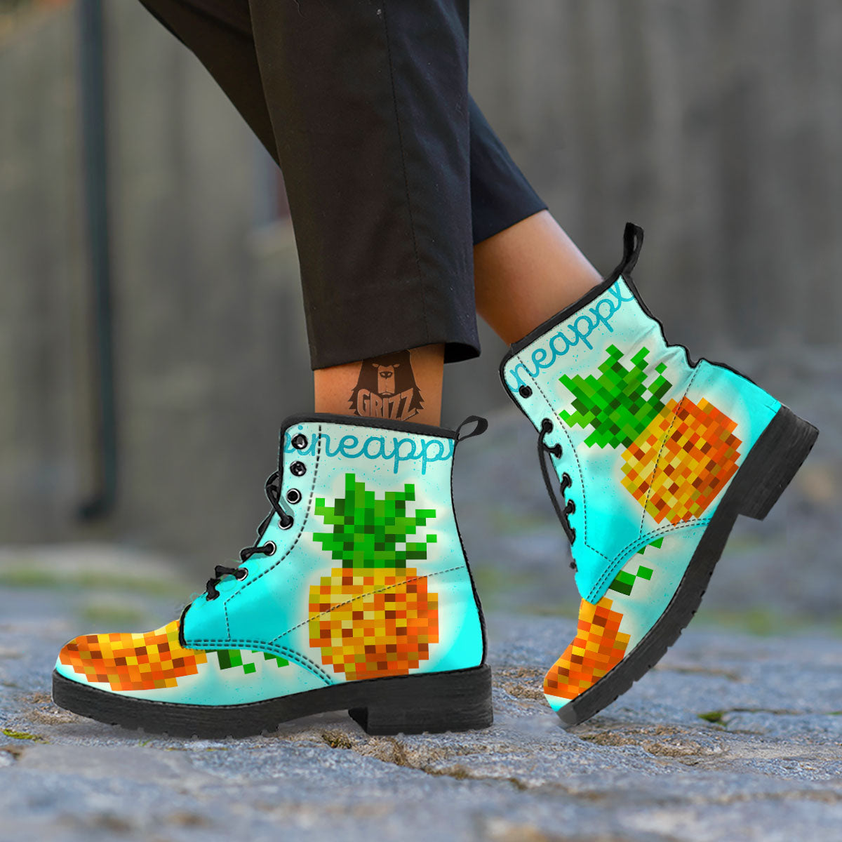 Pineapple 8-Bit Pixel Print Leather Boots-grizzshop