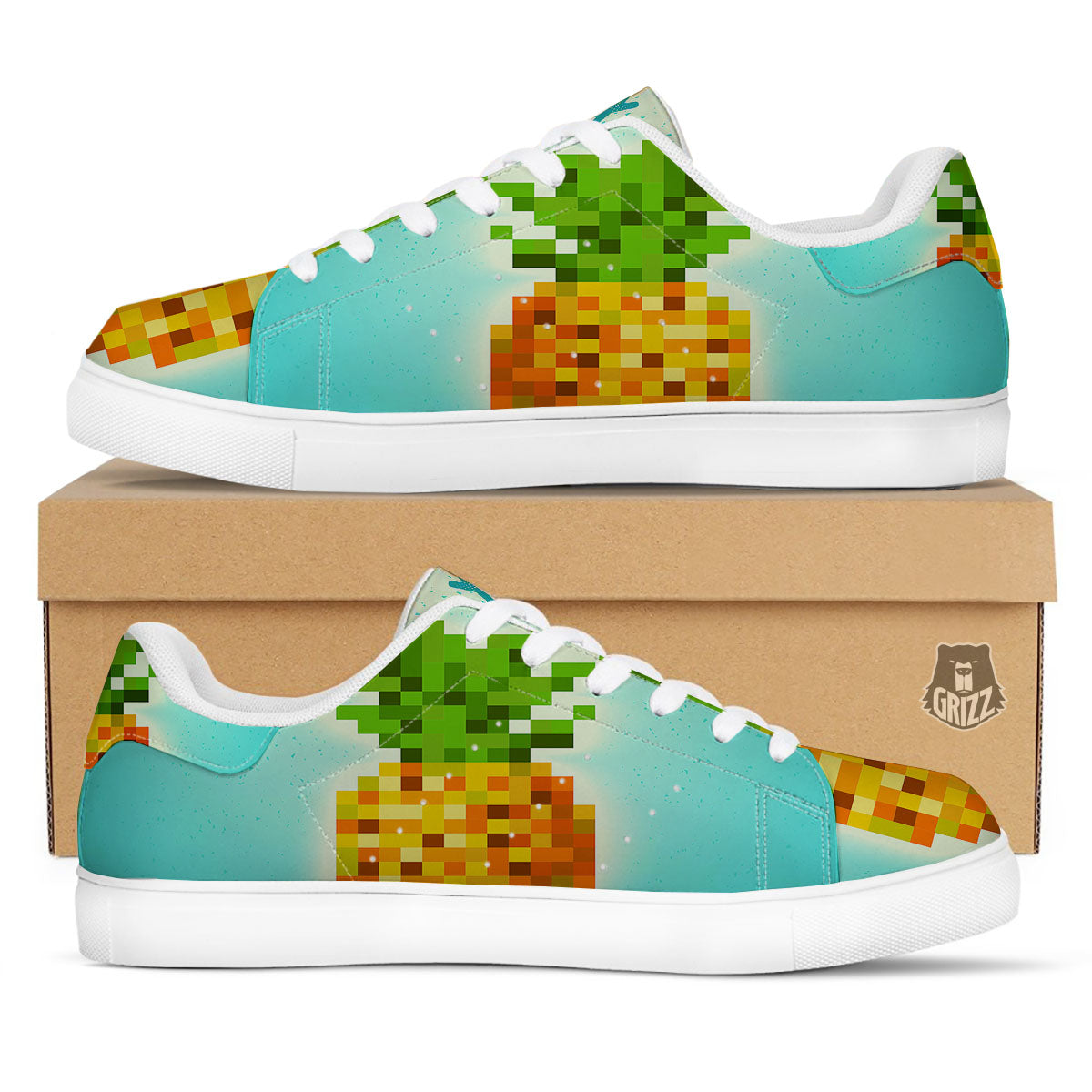 Pineapple 8-Bit Pixel Print White Low Top Sneakers-grizzshop